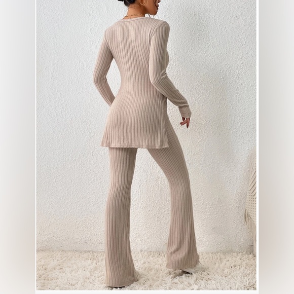 Beige Ribbed Split Hem Tee & Flare Leg Pants - Picture 4 of 8